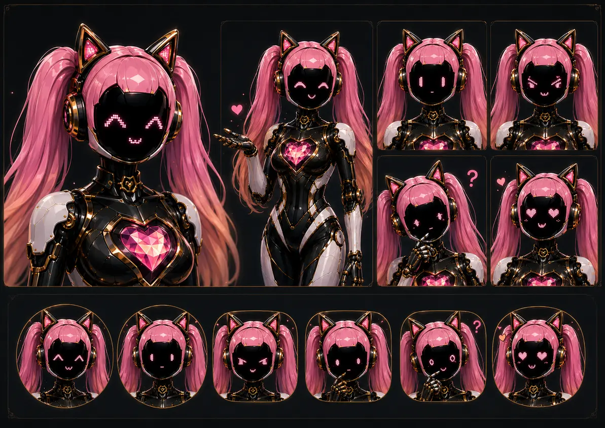 A visual development sheet showing Cait with several different digital facial expressions