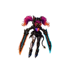 Animated armored Cait character concept with pink twin-tails and paired neon blades