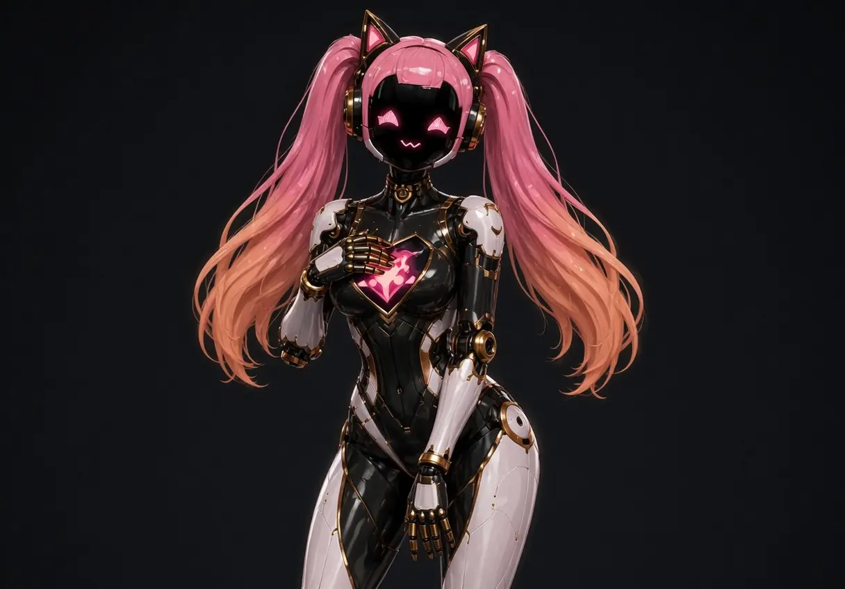 Cait, a pink-haired android with a black digital face and a glowing heart core